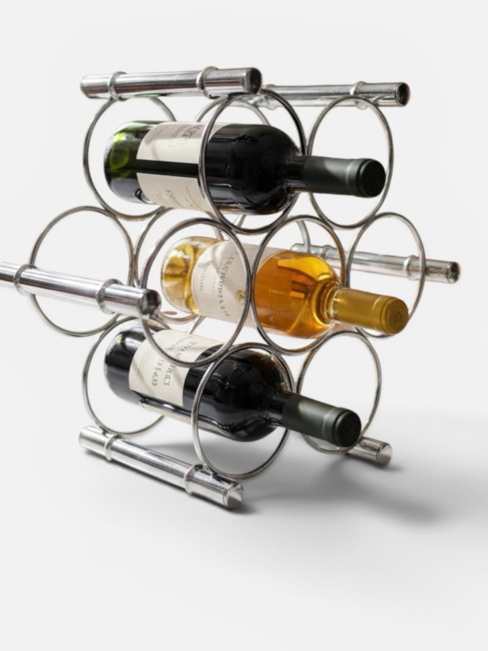 Vintage Chrome Faux Bamboo Wine Rack Hollywood Regency 7 Bottle Tabletop Holder